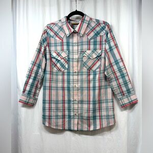 Wrangler Shirt Womens Medium Plaid Green Red Pearl Snap Button Down Top Western